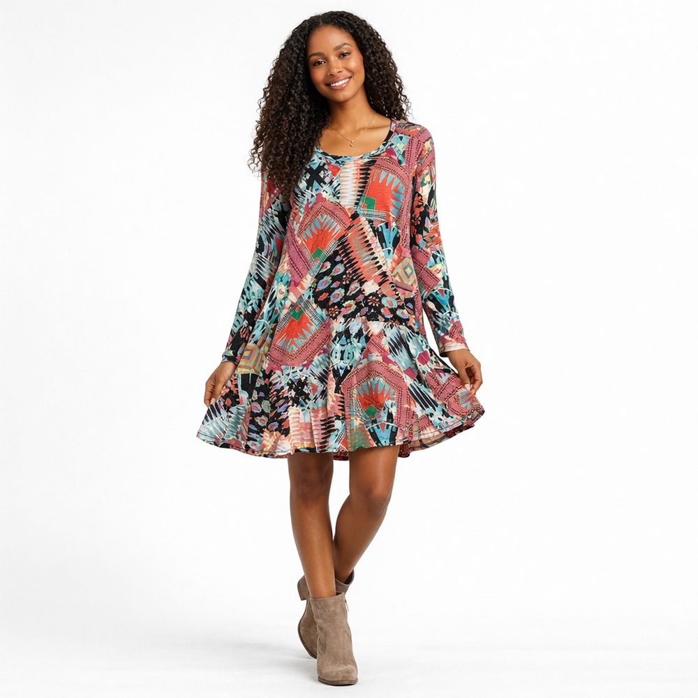 Umgee Tribal Print Long Sleeve Swing Dress Boho Size L